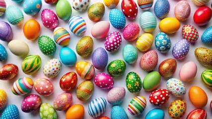 Fototapeta premium Colorful Easter Eggs Aerial View, Isolated White Background - Spring Holiday Celebration