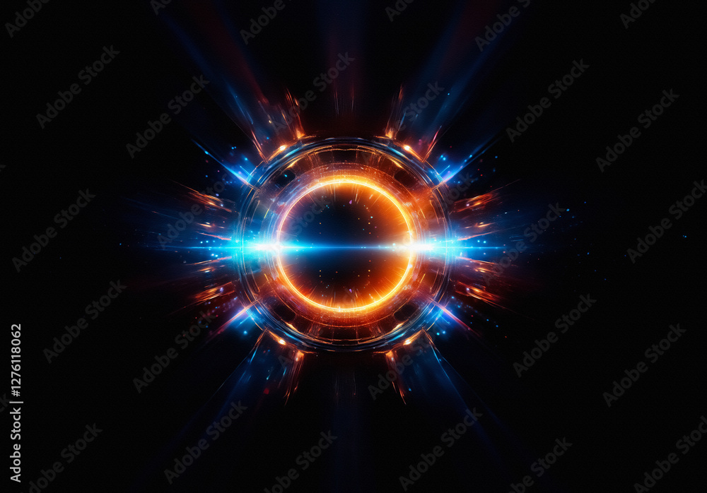 Poster abstract circular element with radiant orange and blue glows against a black background. dynamic lig