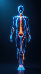 An anatomical illustration showing a person's skeletal and muscular structure with highlighted VNS (Vagus Nerve Stimulation).