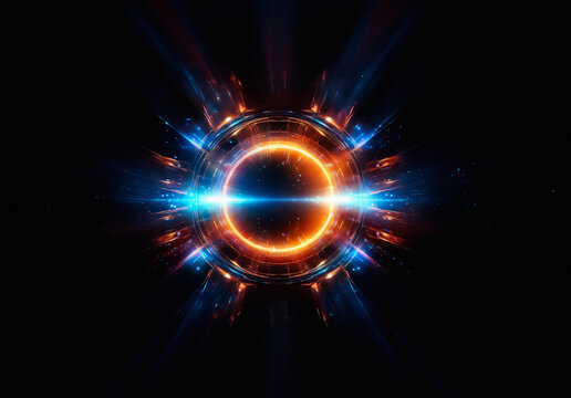 Abstract circular element with radiant orange and blue glows against a black background.  Dynamic light beams emanate outwards, suggesting energy and motion.