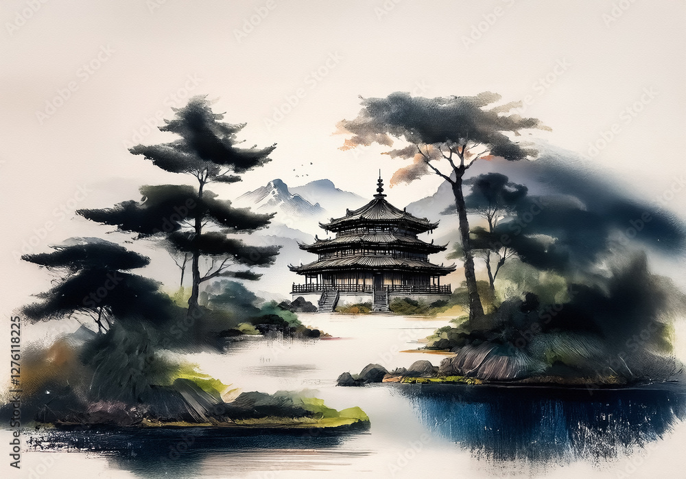Poster a pagoda-style building is nestled among trees and water, under a hazy sky with distant mountains, p