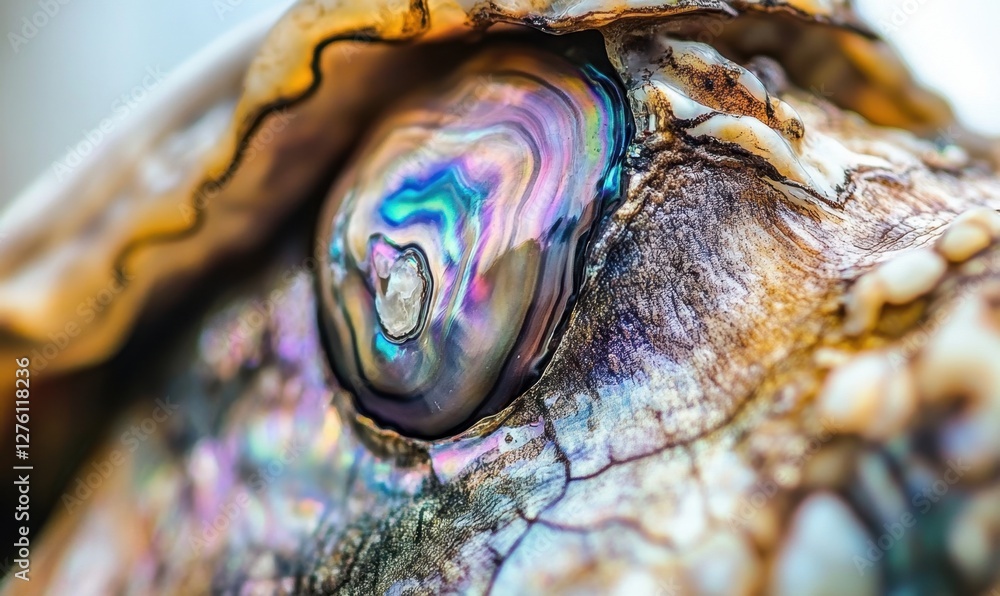Poster close-up of a vibrant abalone shell showcasing iridescent colors and intricate textures, set against