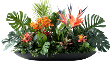 A lush green plant with a red flower in the middle. The plant is full of leaves and is surrounded by other plants