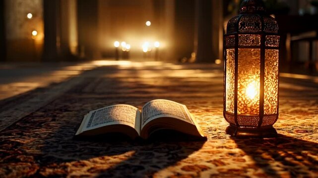 Open Book And Ornate Lantern On Carpet In Dimly Lit Interior