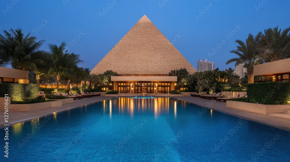 Aufkleber night view of a resort pool with a large pyramid shaped building in the background. the pool is rect