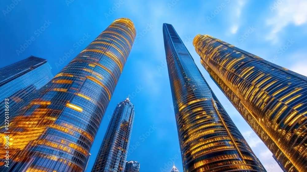 Poster low angle view of illuminated structures at dusk, showcasing modern architecture and city lights aga
