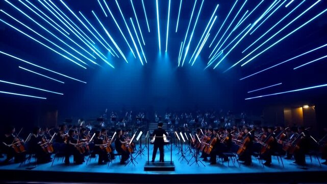 Orchestra Performing Under Blue Stage Lights