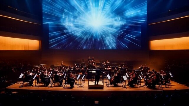 Orchestra Performing On Stage With Dynamic Blue Light Show