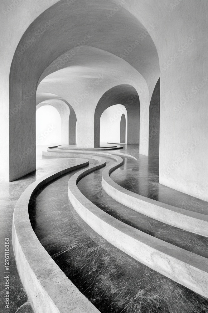 Poster indoor architecture featuring arches and a serpentine water feature with light reflecting on the wat