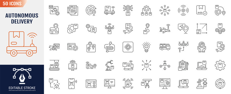 Autonomous delivery line editable icon set. Containing icons: robot, ai, logistic, drone, technology, package and more. Vector illustration