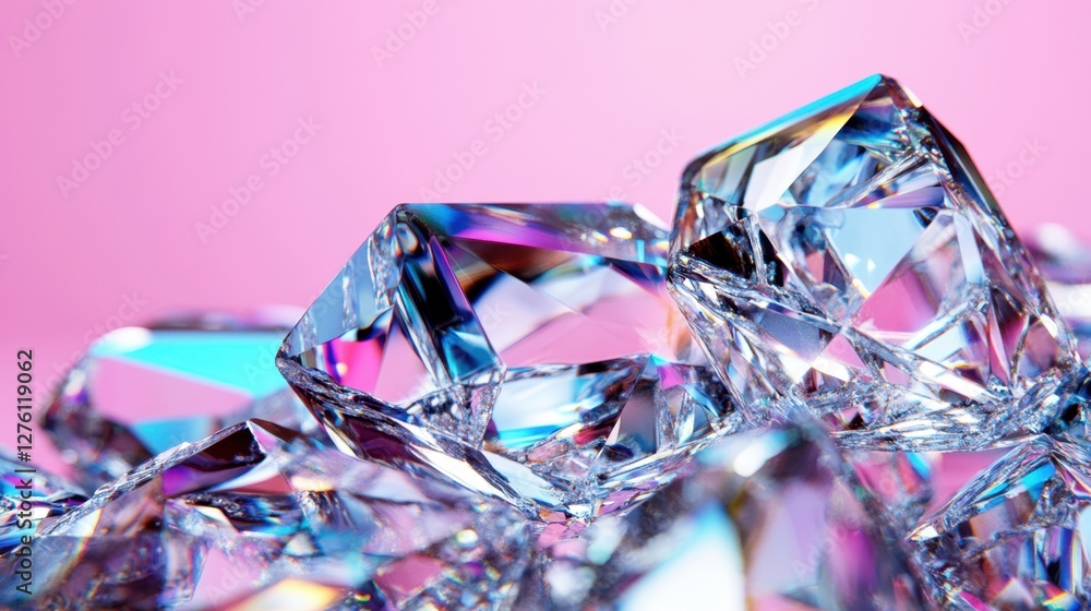 Poster close up of sparkling, multifaceted gems with iridescent colors against a pink backdrop. the gems ap