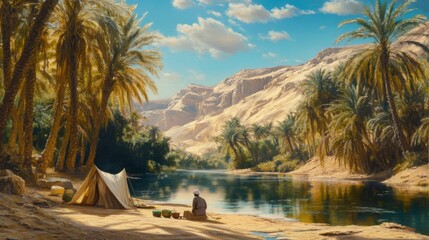 Naklejka premium An Arab man setting up camp in the desert near an oasis surrounded by palm trees and water
