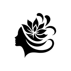 Minimalist Black Silhouette Logo for Beauty Parlor - Woman’s Profile with Flowing Hair and Blooming Flower