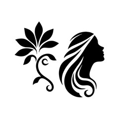 Minimalist Black Silhouette Logo for Beauty Parlor - Woman’s Profile with Flowing Hair and Blooming Flower