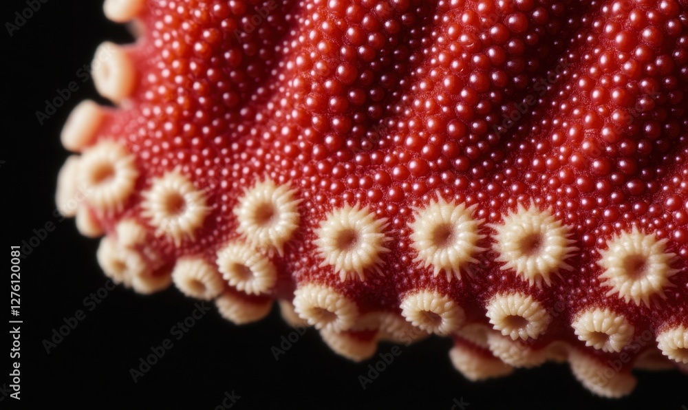 Poster close-up of a vibrant red starfish showcasing intricate texture and patterns against a dark backgrou