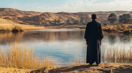 Fototapeta premium An Arab man standing at an oasis in the desert, resting during his journey across the dry landscape