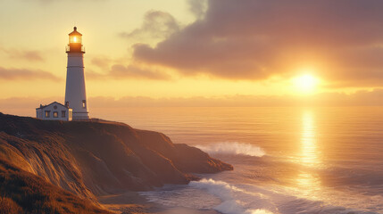 Fototapeta premium A stunning coastal scene with a single lighthouse standing tall on a remote cliffside, the ocean stretching endlessly under a mesmerizing sunset