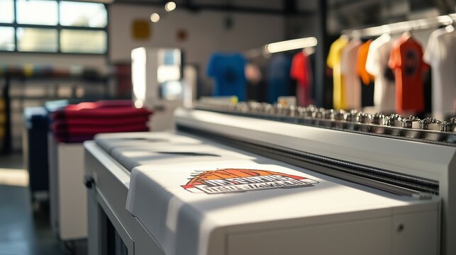 White t - shirt is hanging on line of machines. T-shirt printing with machine innovation. A shirt printed with textiles in a production. A white t-shirt is draped over a lifestyle row of machines.