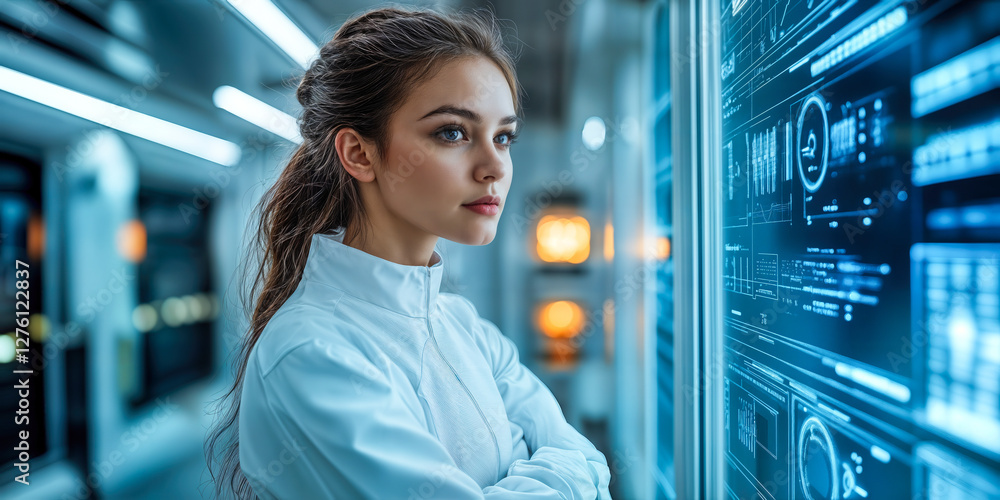 Aufkleber young professional in lab coat exploring futuristic digital interfaces on screen in high-tech enviro