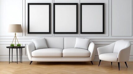 White sofa and armchair in a bright living room with three blank frames on the wall, modern interior design with wooden floor and simple decor