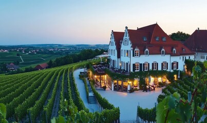 Winery resort with vineyard view, evening light; for tourism or event promotion