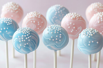 Colorful cake pops with decorative frosting and sprinkles on sticks for celebrations and events