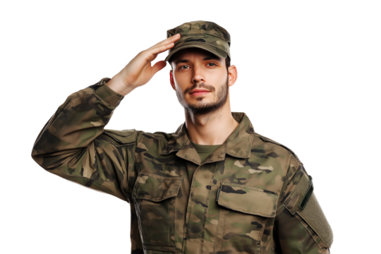 soldier in camouflage saluting with soft smile isolated on transparent white background