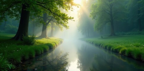 Obraz premium Misty morning over a stream with tall trees and greenery, nature, water, serene