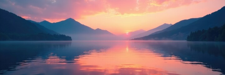 Fototapeta premium misty mountains reflected in calm and peaceful lake waters at sunset, ripples, tranquil, lake
