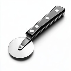 A realistic pizza cutter with a stainless steel blade, isolated on white