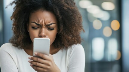 Social media rumors affecting a businesswoman in a modern office. Featuring focus and concern