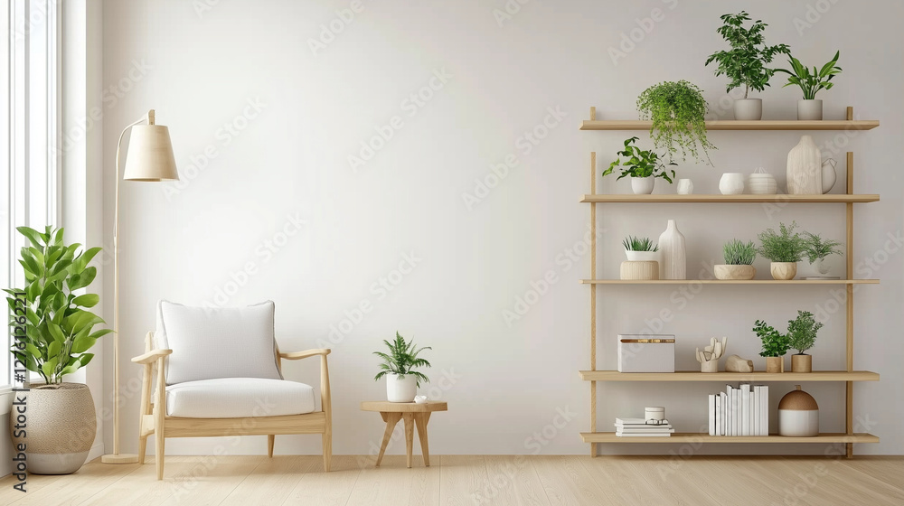 Poster 3d rendering of a minimalist scandinavian-style living room interior with a white blank canvas on th