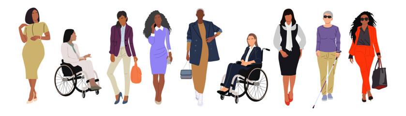 Obraz premium Business women collection. Vector realistic illustration of diverse multinational standing cartoon women in smart casual office outfits. Inclusive business concept. Isolated