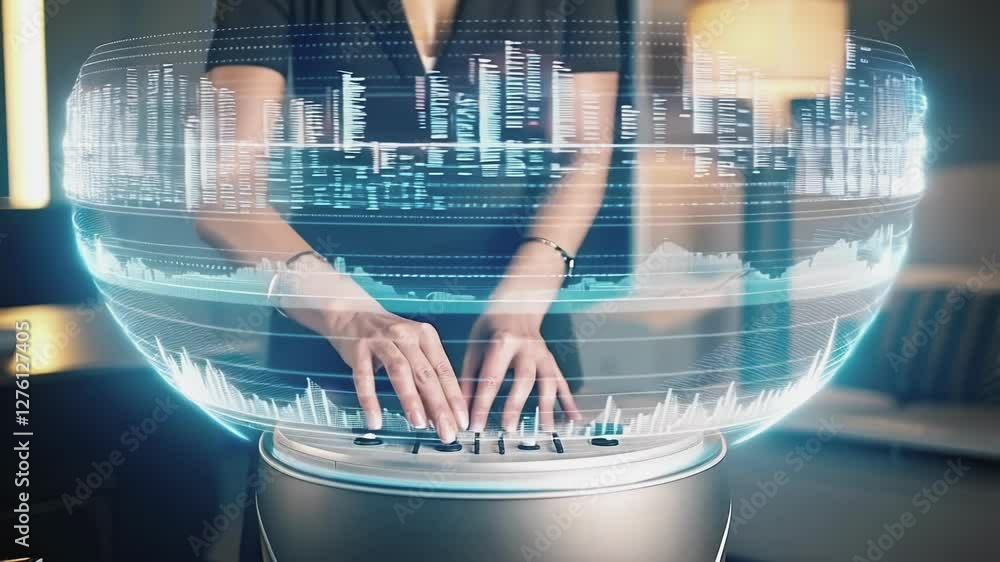 Poster professional businesswoman wearing sleek black dress interacting with advanced holographic interface