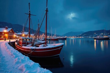 Snow-covered boats in Everett harbour at night, moonlight, harbour