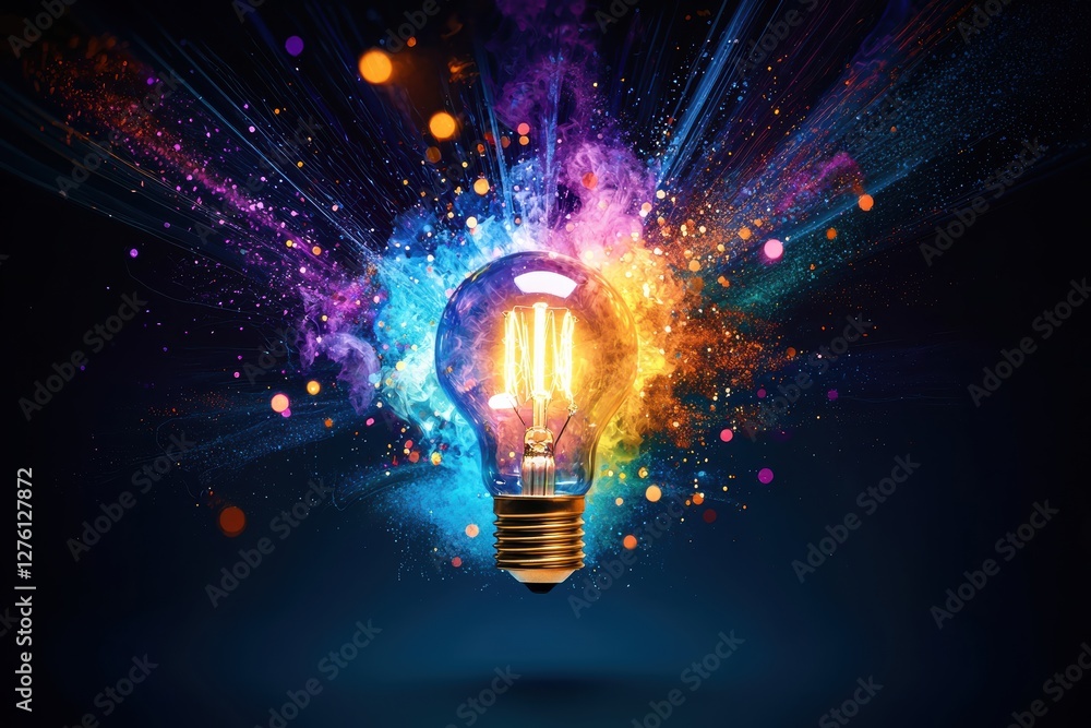Poster bright light bulb exploding with colorful powder and light beams