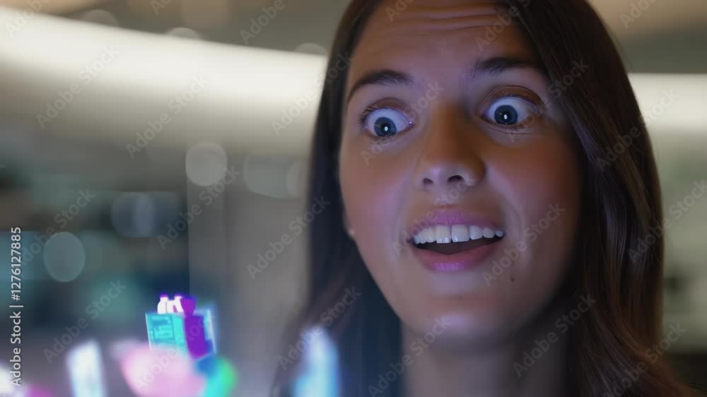 Poster Amazed businesswoman interacting with a holographic interface, exploring data visualization in a modern office environment, showcasing innovation and technological advancement