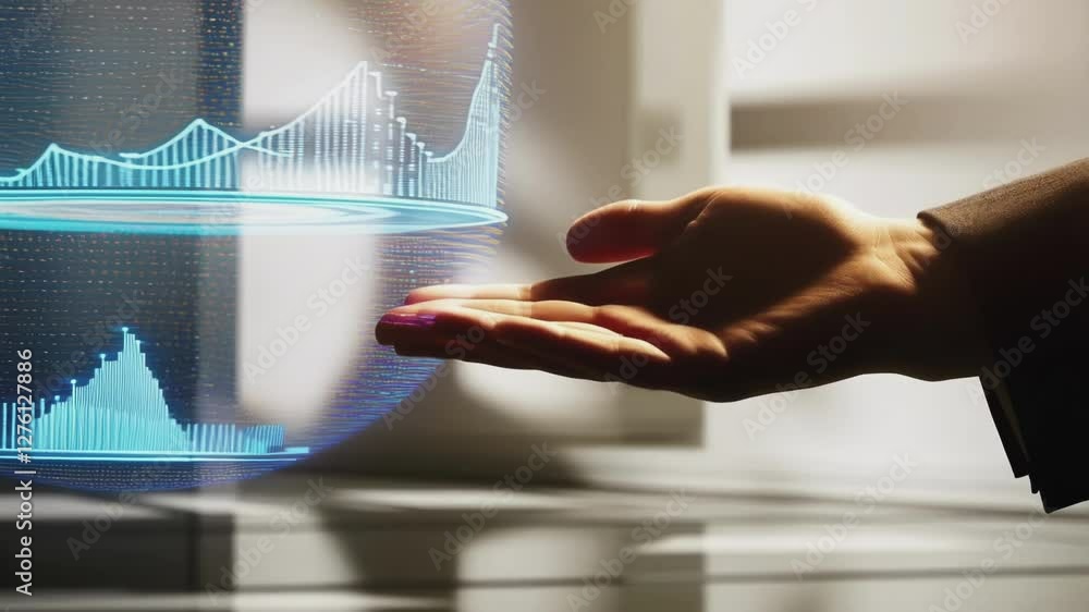 Aufkleber Experienced businessman presenting glowing holographic orb displaying financial charts, representing advanced data analysis and cutting edge business technology visualization