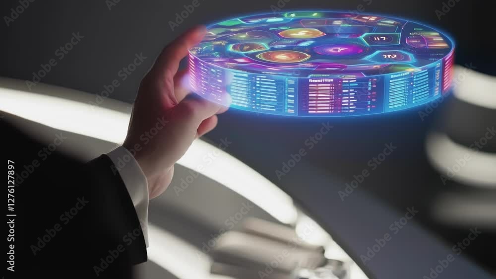 Poster Professional businessman manipulating advanced holographic data visualization, revealing cutting edge digital interaction within immersive futuristic technological environment