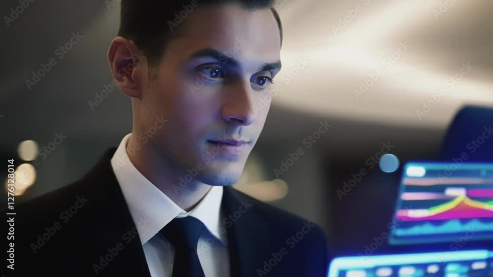 Poster Corporate executive analyzing financial holographic projections while standing in modern workspace, representing advanced data visualization and business intelligence technology