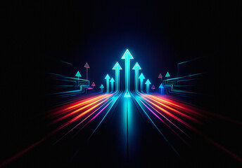 Illuminated arrows ascend against the dark backdrop, trails of vibrant light converging upward, symbolizing progress and futuristic direction.