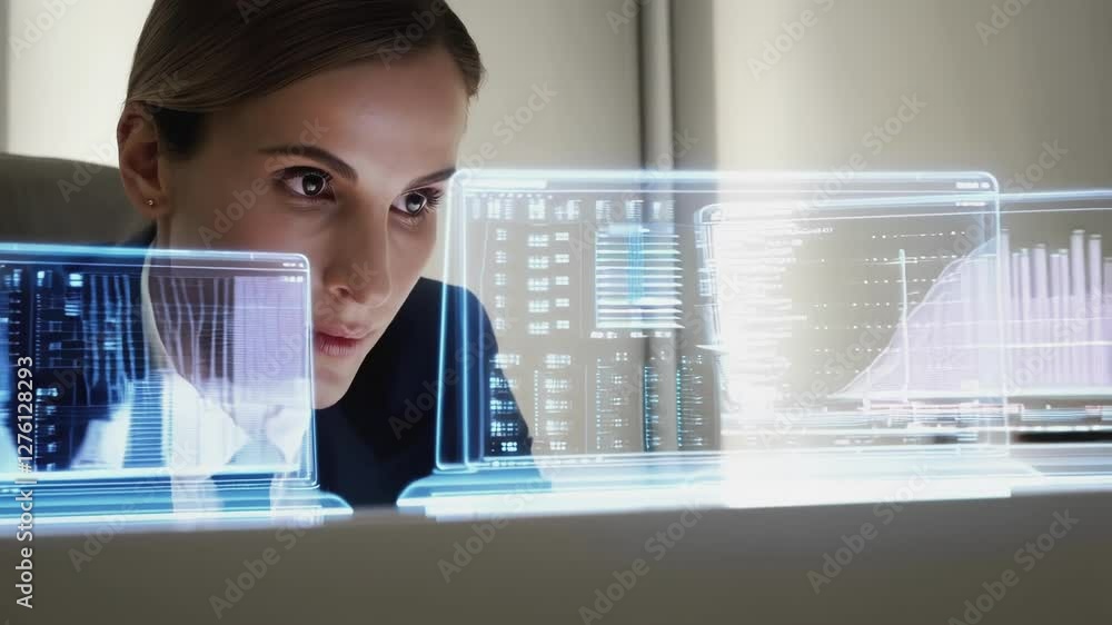 Poster businesswoman in a dark suit is analyzing data displayed on futuristic transparent holographic scree