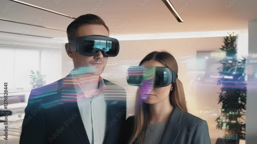 Poster Business professionals wearing immersive vr headsets navigating virtual reality office environment. Analyzing holographic charts and collaborative data visualizations in futuristic digital workspace