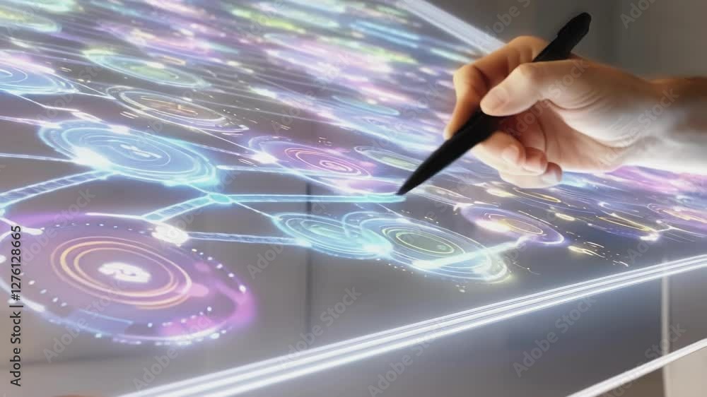 Aufkleber Professional businessman navigating futuristic transparent holographic interface, using stylus for dynamic data manipulation and visualization in high tech workspace