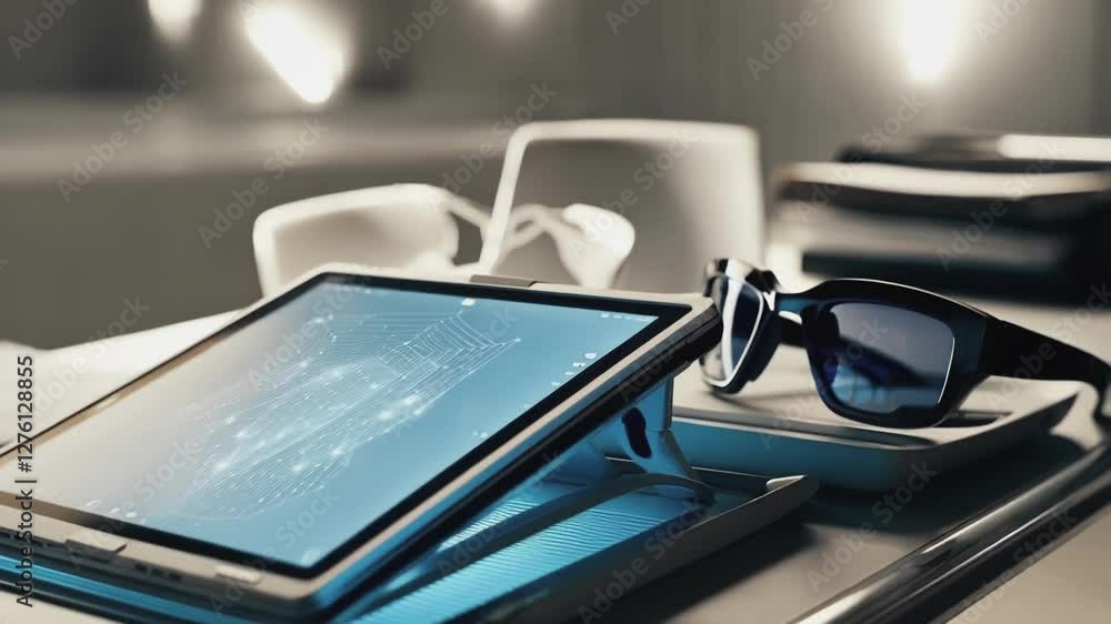 Poster futuristic tablet displaying a business hologram sits on a desk next to augmented reality glasses, s
