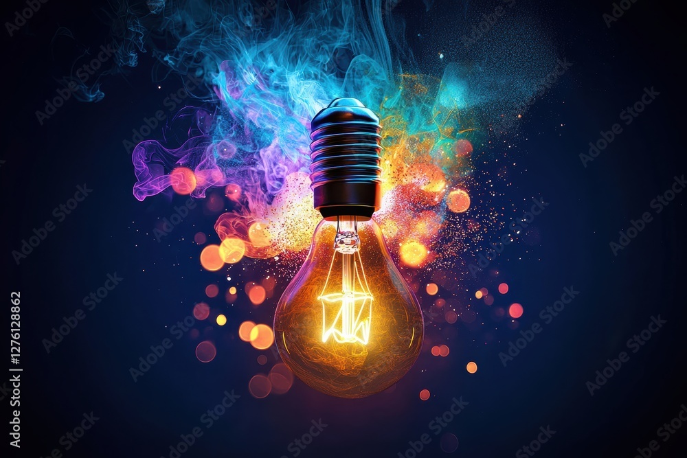 Poster bright light bulb illuminating colorful smoke and bokeh effect