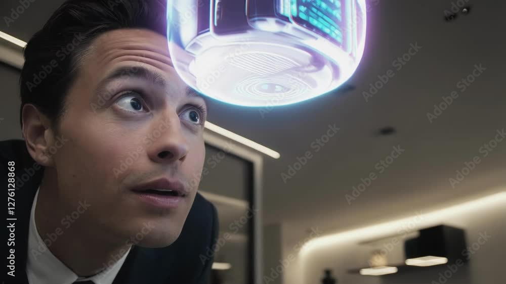 Aufkleber Professional businessman in suit studying rotating holographic projection of advanced technological device, analyzing futuristic display within modern corporate office environment