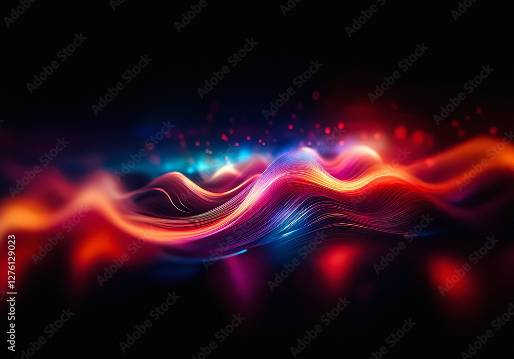 Fototapete Abstract flowing waves of vibrant light cascade across a dark backdrop, creating a dynamic and colorful display of smooth, luminous energy.
