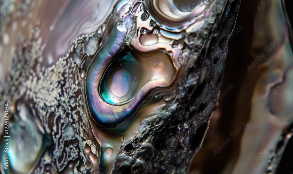 Poster close-up of iridescent abalone shell showcasing vibrant colors and intricate textures