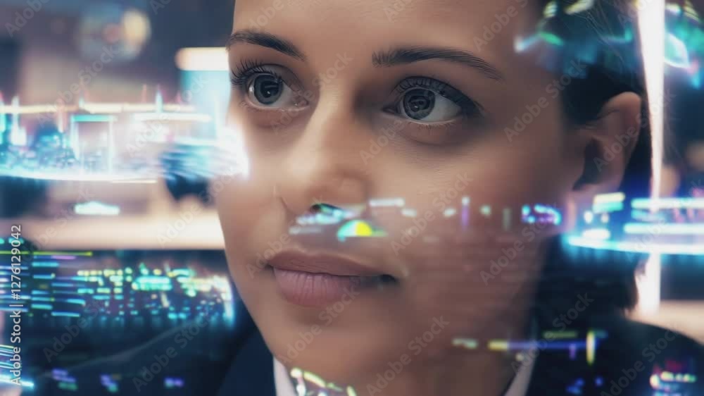 Aufkleber professional businesswoman analyzing digital hologram interface, representing cutting edge technolog